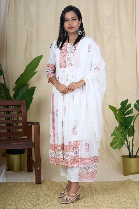 Floral Hand Block Printed Cotton Salwar Suit Set with Aari Embroidery