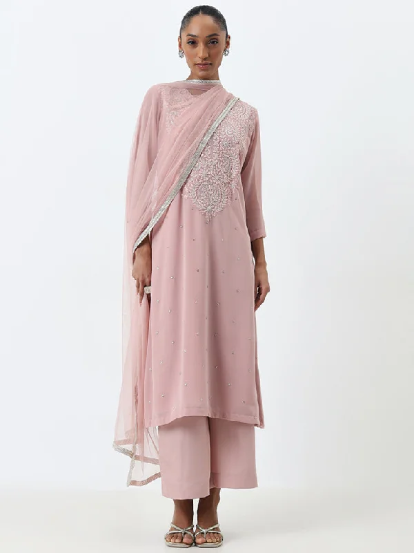 Vark Dusty Pink A-Line Kurta, Pants and Dupatta Set