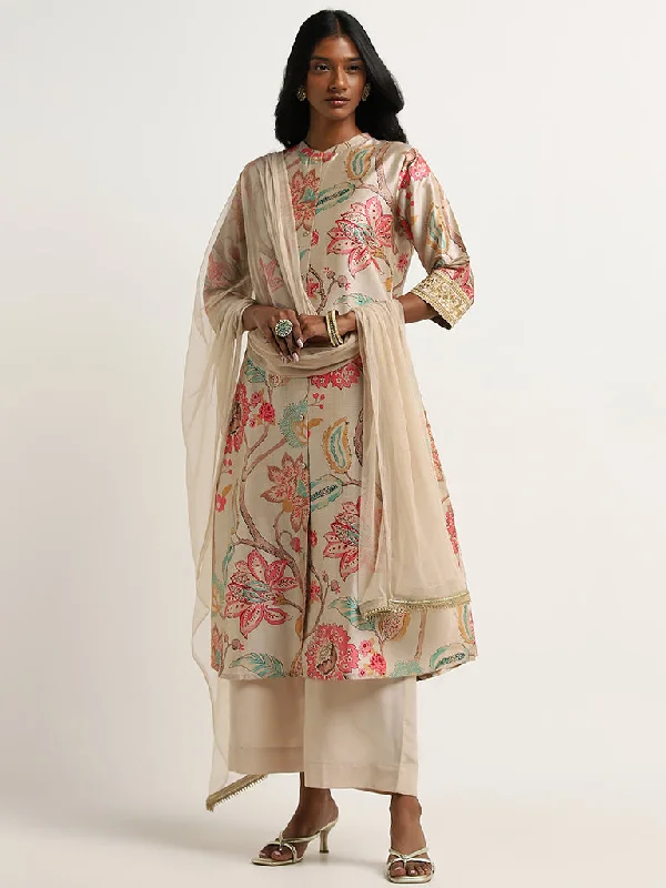 Vark Beige Floral Printed Kurta, Palazzos And Dupatta Set