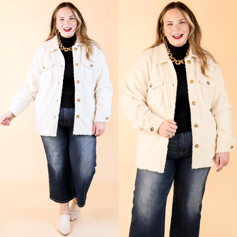 Snowy Afternoon Button Up Sherpa Shacket in Ivory