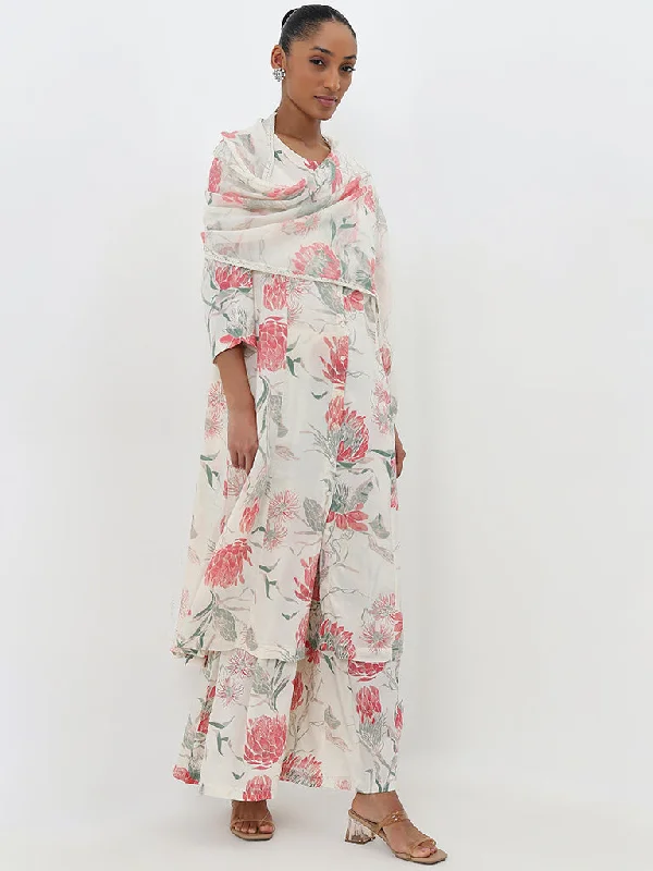 Zuba Off-White Floral A-Line Kurta