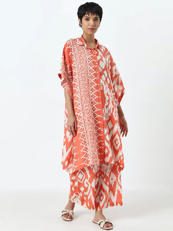 Utsa Orange Ikat Printed Cotton Kaftan -Style Kurta