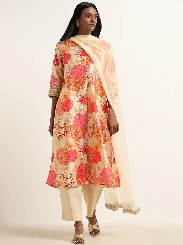 Vark Multicolour Floral Kurta, Palazzos and Dupatta Set