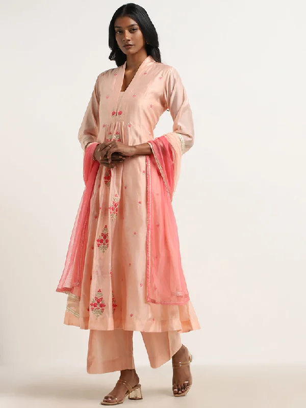 Vark Peach Floral Embroidered Kurta, Palazzos & Dupatta Set