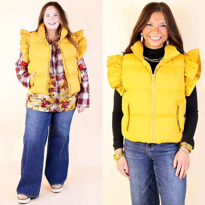 All Season Long Ruffle Sleeve Puffer Vest in Mustard Yellow