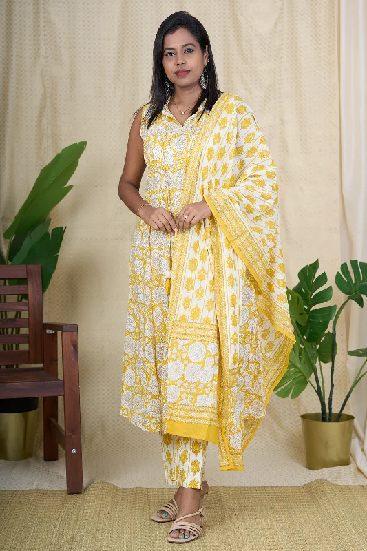 Yellow Hand Block Printed Cotton Salwar Suit Set with Dupatta