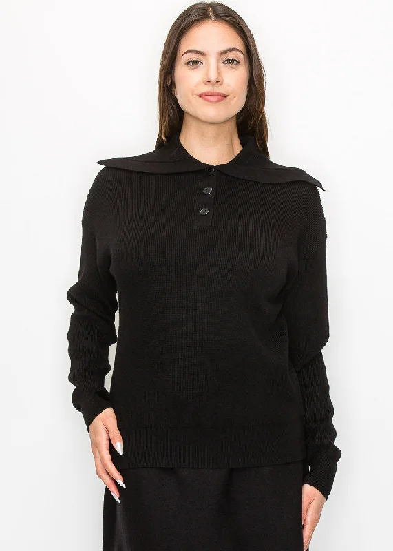 Ribbed Knit Sweater with Statement Collar