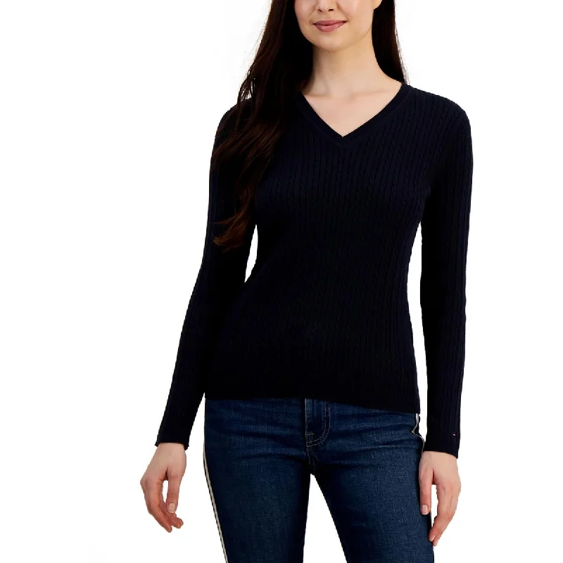 Plus Womens V Neck Cable Pullover Sweater