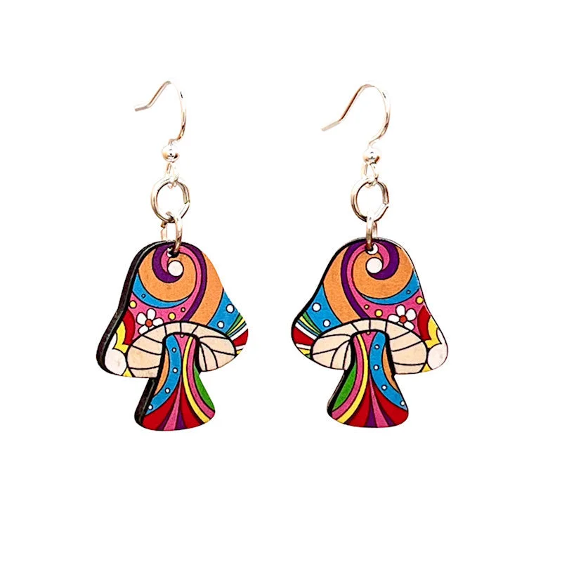 Wooden Psychedelic Mushroom Earrings