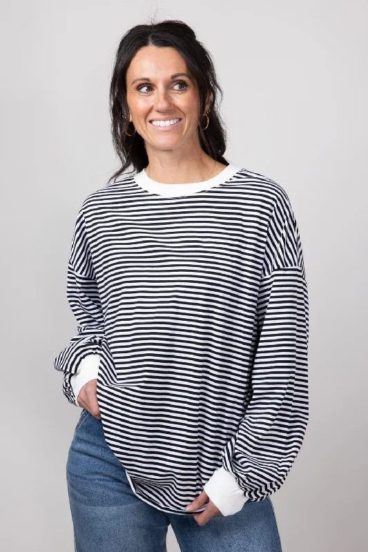 La Miel Pencil Stripe Crewneck Long Sleeve Top for Women in Black | MCT7678-BLACK