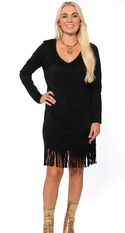 Lovlei Women's Payton UltraSuede Black Fringe Hem Dress