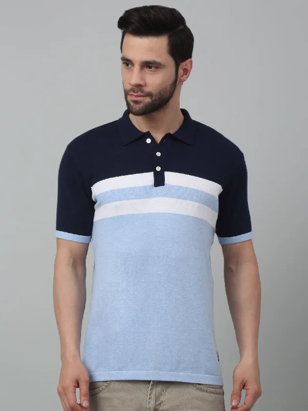 Men's Sky Blue Color block Polo neck Half Sleeve Flatknit T-Shirt