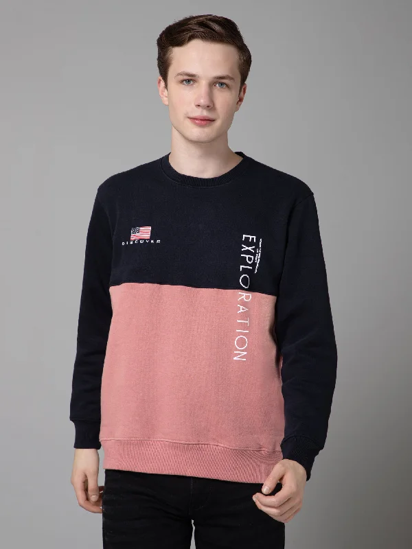 Color Blocked Dark Pink Full Sleeves Rounded Neck Regular Fit Casual Sweatshirt for Men