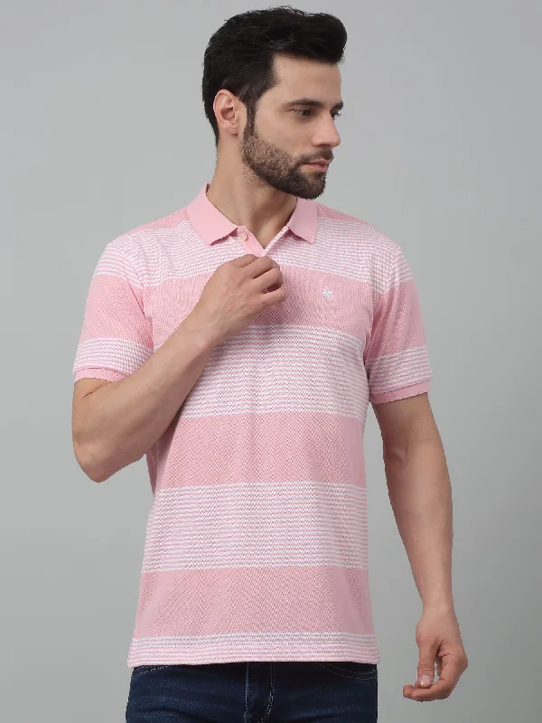 Men's Light Pink Stripe Polo neck Half Sleeve T-Shirt