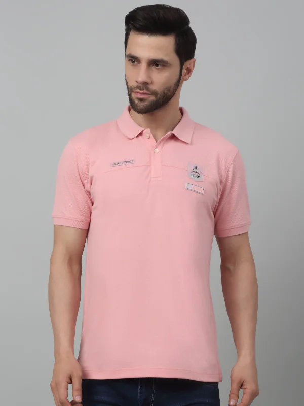 Men's Light Pink Polo neck Half Sleeve T-Shirt with cut n sew