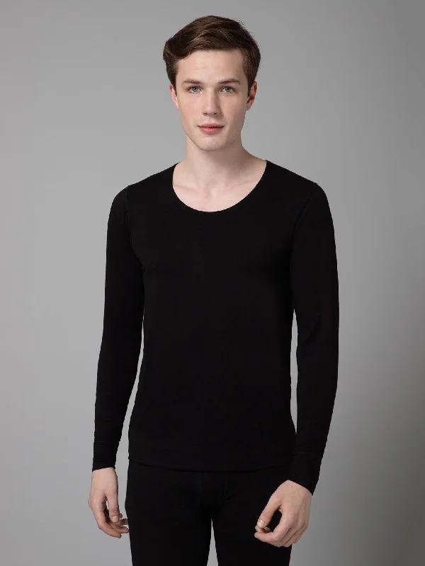 Solid Round Neck Full Sleeves Black Thermal Top For Men