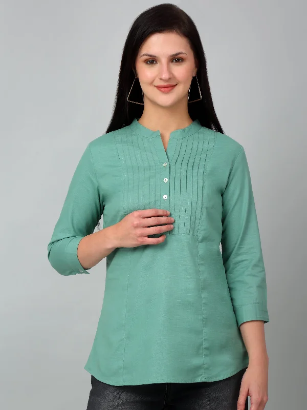 Women's Casual  Light Green Solid Mandarin Collar Tunic