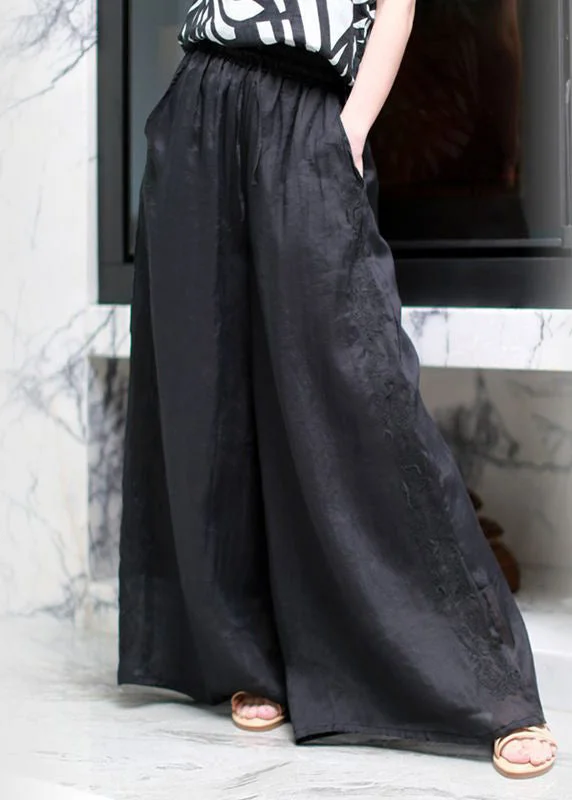 Black Pockets Elastic Waist Thin Linen Wide Leg Pants Spring