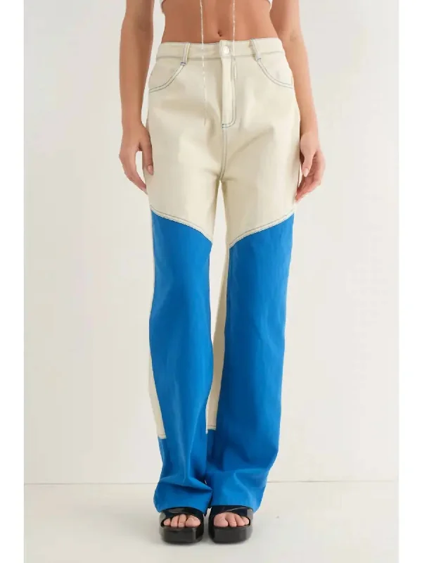 Color Blocked Long Pants In Ivory/blue