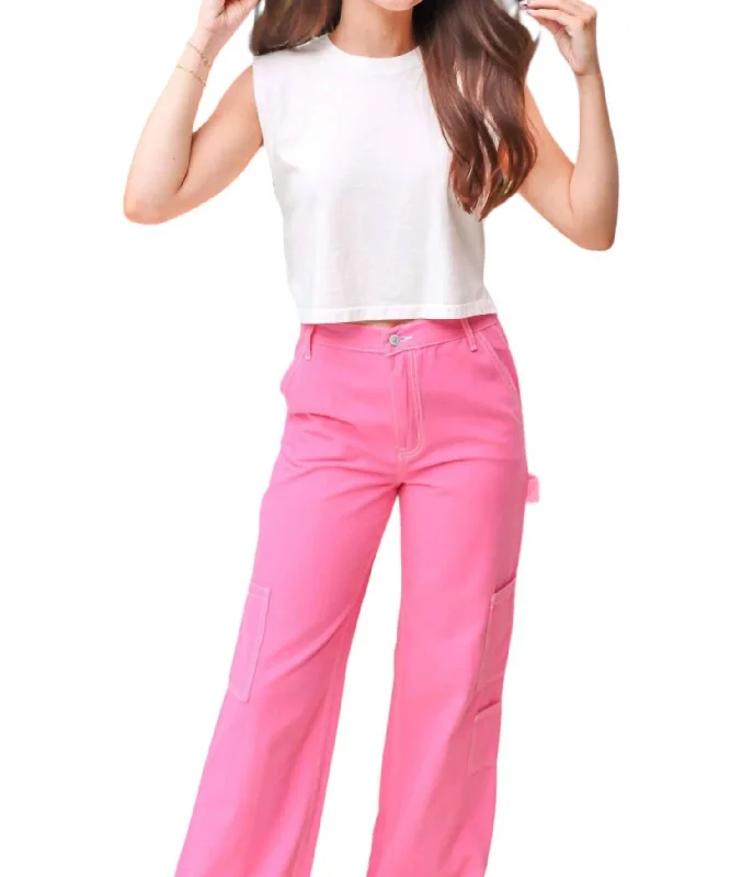 Contrast Stitch Utility Pants In Pink