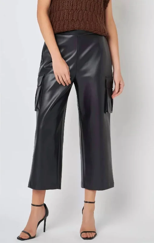 Faux Leather Cropped Cargo Pants In Black