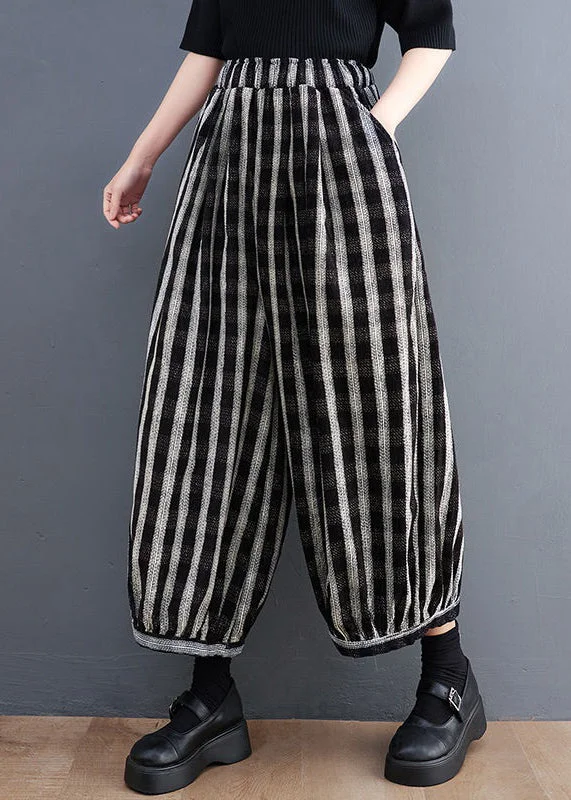 Loose Striped Pockets Elastic Waist Cotton Wide Leg Pants Spring